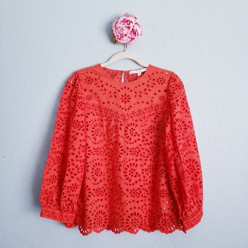 Eyelet Lace Long-Sleeve Top in Coral